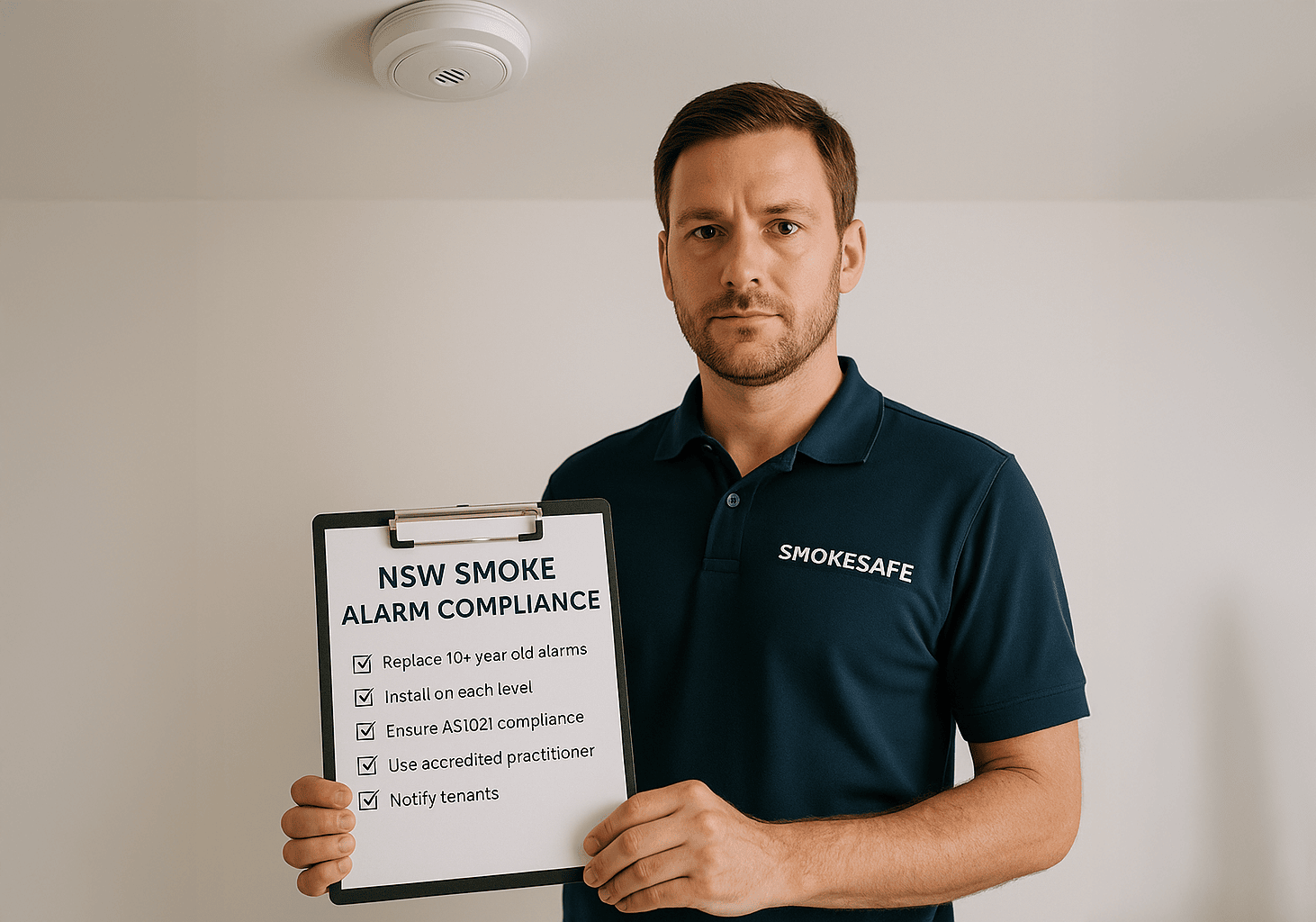 NSW smoke alarm compliance technician in navy SmokeSafe polo holding a checklist under a ceiling-mounted smoke alarm, July 2025 law update context.